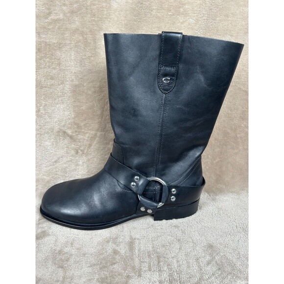 Coach Tara Moto Harness Pull On Boots Black Leather Biker Mid Calf Womens 9 B - Picture 8 of 11